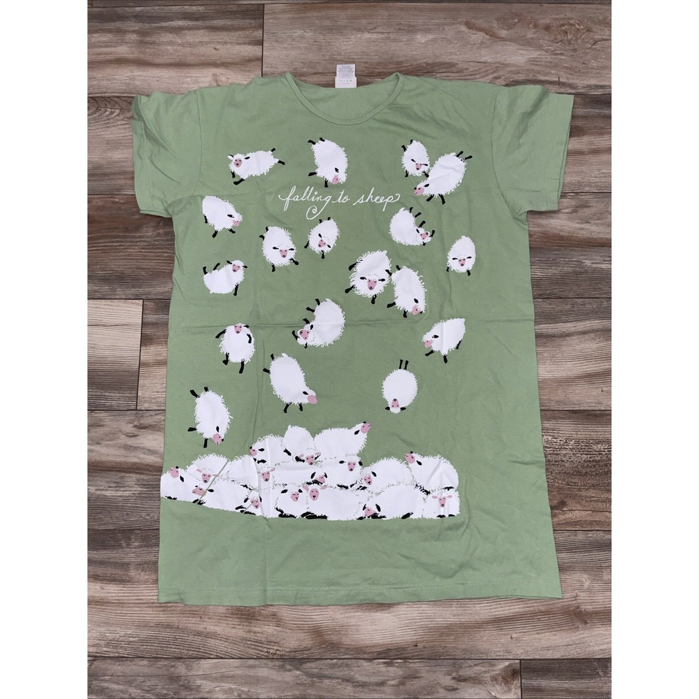 Hatley Falling to Sheep Print Sleepshirt Nightgown Green One Size Cotton